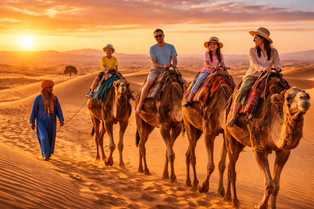 “Family camel ride in Morocco desert near Marrakech sunset family holiday” morocco itinerary 8 days