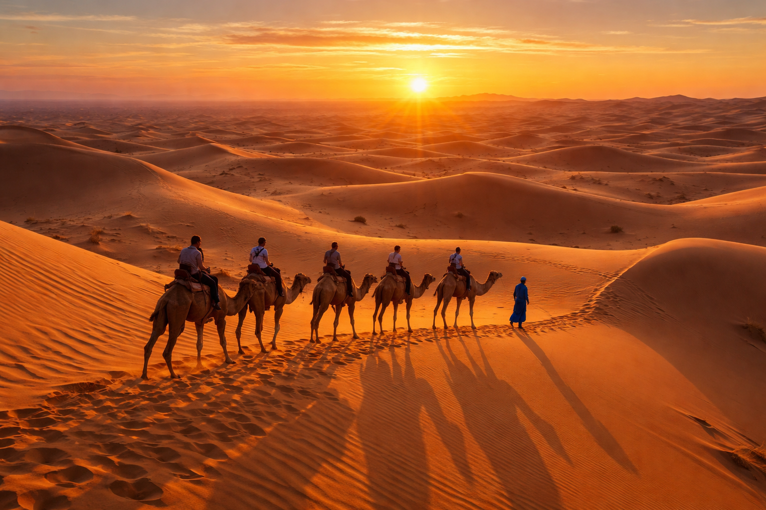 camel caravan in Sahara desert Morocco sunset Marrakech desert tour