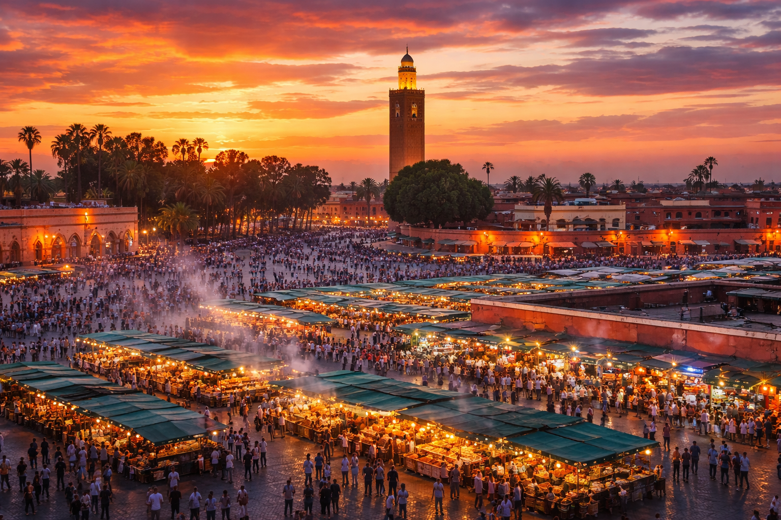 Marrakech main square Jemaa el-Fnaa busy market at sunset Morocco tours from Marrakech