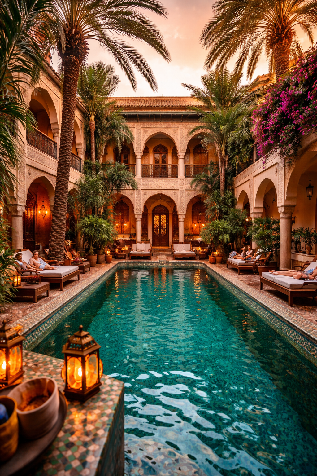 Luxury riad in Marrakech with pool, palm trees, traditional Moroccan architecture, warm sunset light, high resolution, travel photography, vibrant colors, tourists relaxing”